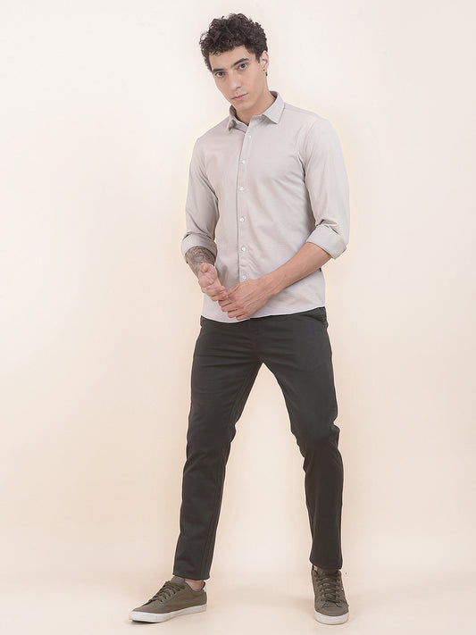 Men's Sand Grey Self Design Slim Fit Full Sleeve Casual Shirt