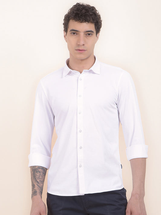 Men's White Self Design Slim Fit Full Sleeve Casual Shirt