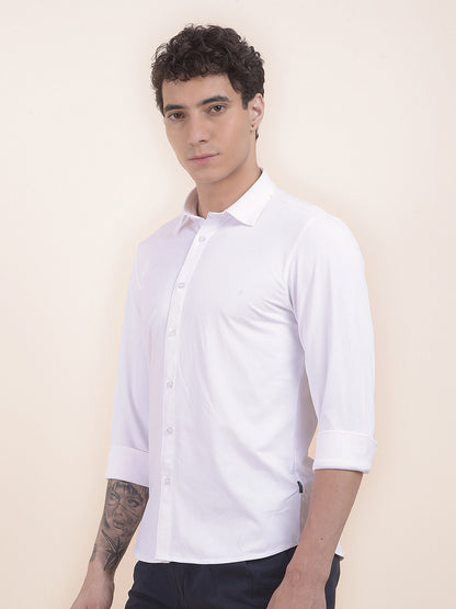 Men's White Self Design Slim Fit Full Sleeve Casual Shirt