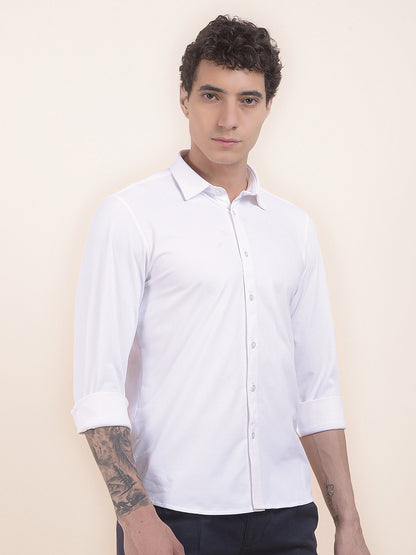 Men's White Self Design Slim Fit Full Sleeve Casual Shirt