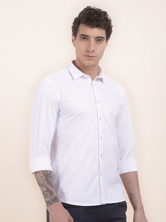 Men's White Self Design Slim Fit Full Sleeve Casual Shirt