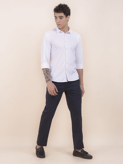 Men's White Self Design Slim Fit Full Sleeve Casual Shirt