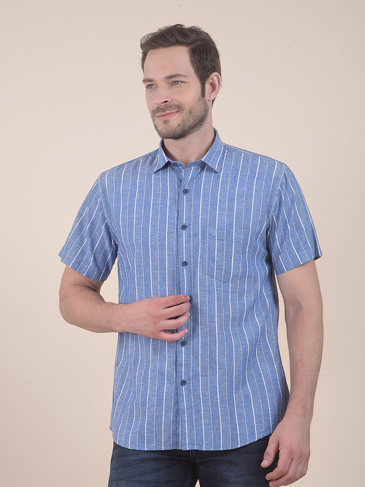 Men's Blue Slim Fit Striped Half Sleeve Casual Shirt