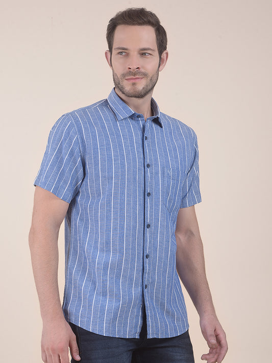 Men's Blue Slim Fit Striped Half Sleeve Casual Shirt