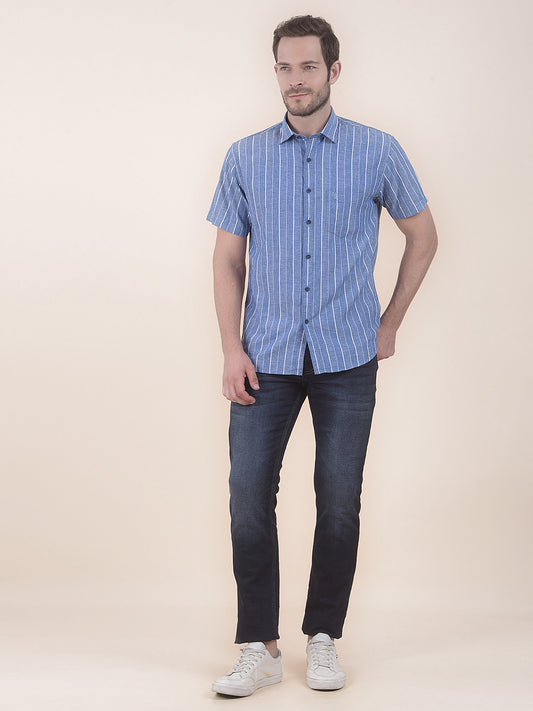 Men's Blue Slim Fit Striped Half Sleeve Casual Shirt