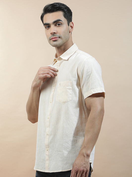 Casual Shirt for Men l Breathable & Soft with Color Fastness Slim Fit Cotton-Linen Fabric Solid Pattern