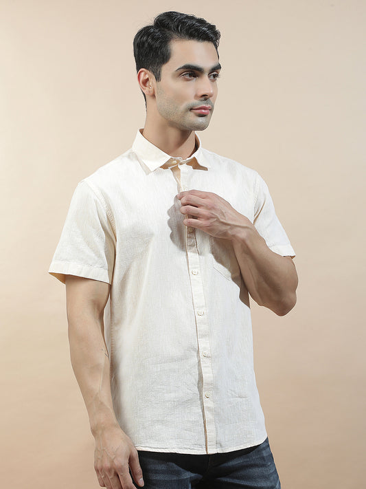 Casual Shirt for Men l Breathable & Soft with Color Fastness Slim Fit Cotton-Linen Fabric Solid Pattern