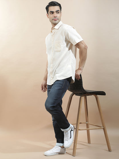 Casual Shirt for Men l Breathable & Soft with Color Fastness Slim Fit Cotton-Linen Fabric Solid Pattern