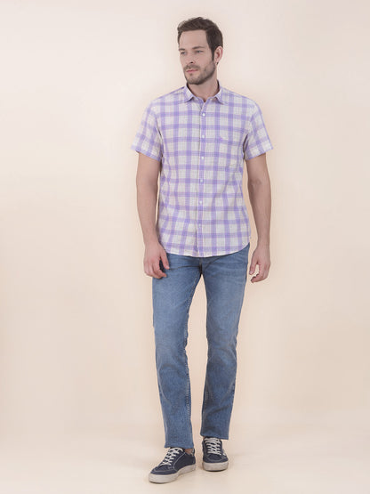 Men's Purple Slim Fit Checkered Half Sleeve Casual Shirt