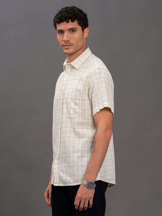 Men's White Slim Fit Checkered Half Sleeve Casual Shirt