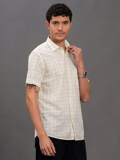 Men's White Slim Fit Checkered Half Sleeve Casual Shirt