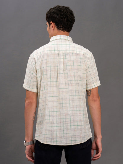 Men's White Slim Fit Checkered Half Sleeve Casual Shirt