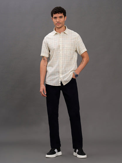 Men's White Slim Fit Checkered Half Sleeve Casual Shirt