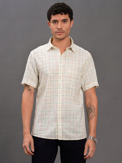 Men's White Slim Fit Checkered Half Sleeve Casual Shirt