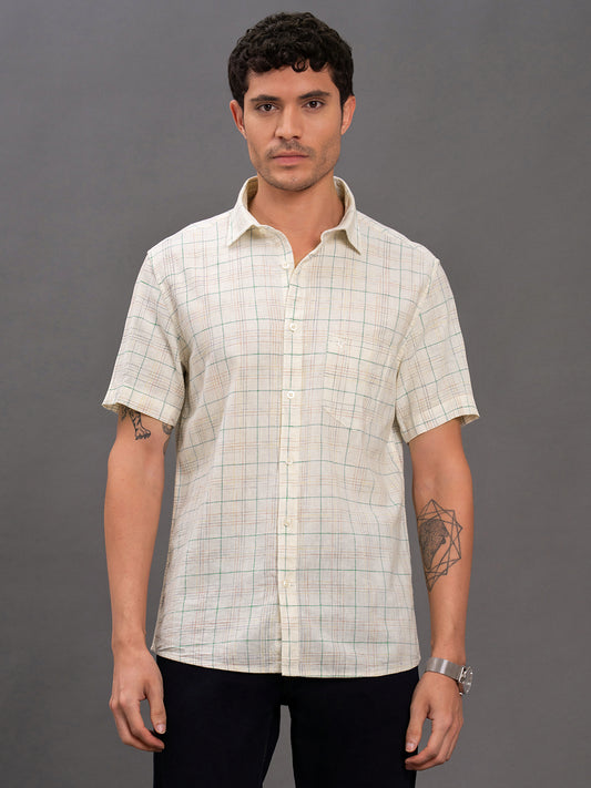 Men's White Slim Fit Checkered Half Sleeve Casual Shirt
