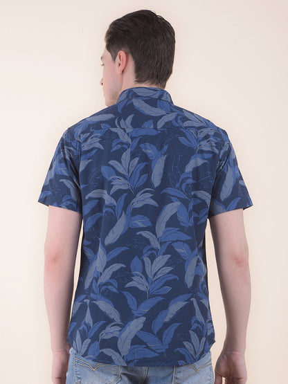 Men's Blue Slim Fit Printed Half Sleeve Casual Shirt
