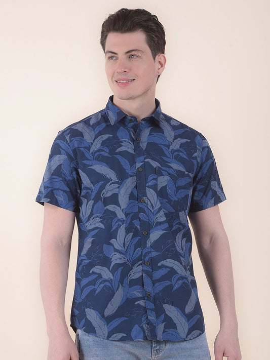 Men's Blue Slim Fit Printed Half Sleeve Casual Shirt