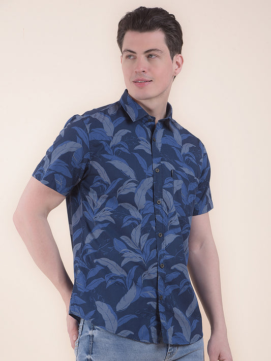 Men's Blue Slim Fit Printed Half Sleeve Casual Shirt