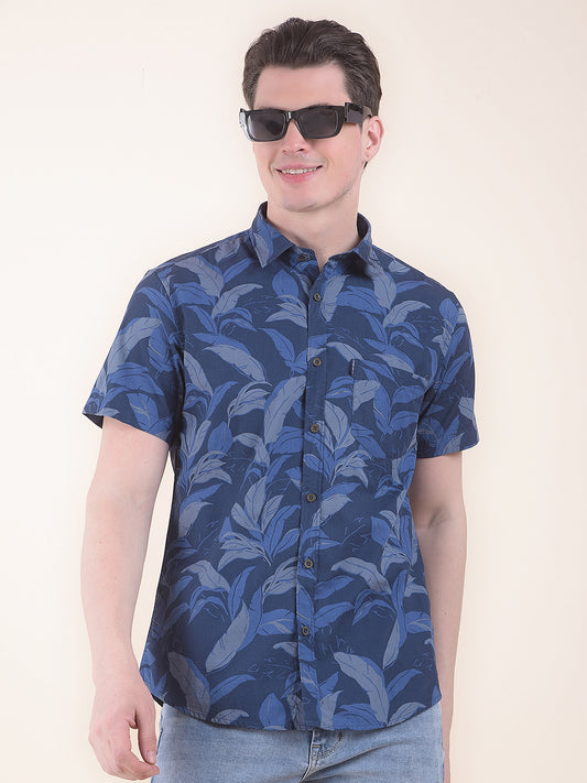 Men's Blue Slim Fit Printed Half Sleeve Casual Shirt