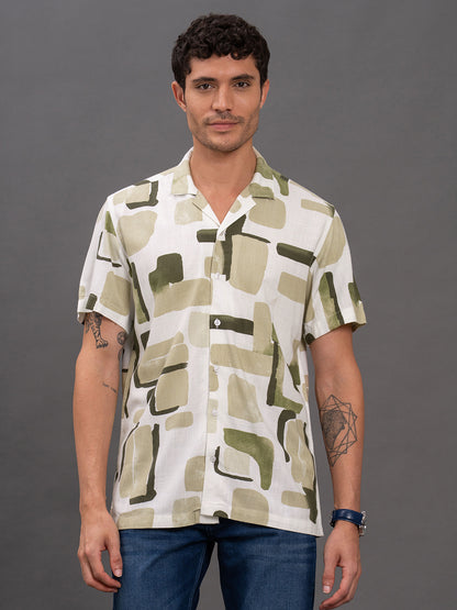 Men's Olive Slim Fit Printed Half Sleeve Casual Shirt