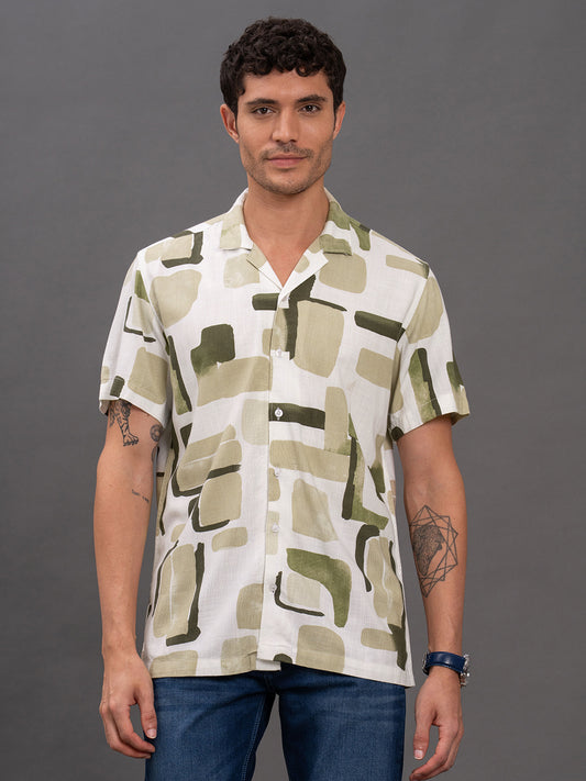 Men's Olive Slim Fit Printed Half Sleeve Casual Shirt