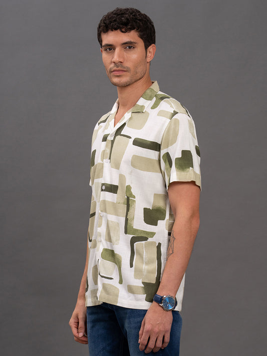 Men's Olive Slim Fit Printed Half Sleeve Casual Shirt