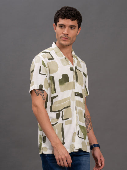 Men's Olive Slim Fit Printed Half Sleeve Casual Shirt