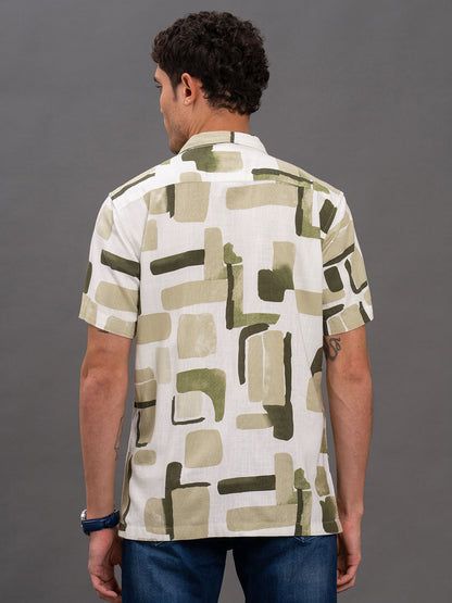 Men's Olive Slim Fit Printed Half Sleeve Casual Shirt