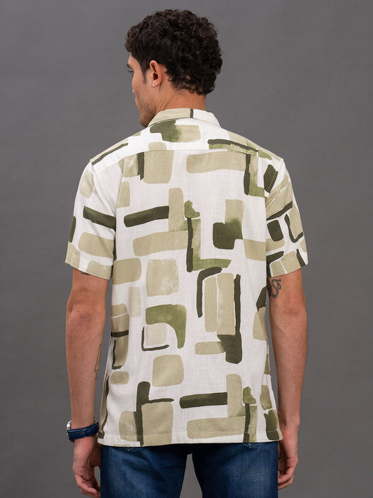 Men's Olive Slim Fit Printed Half Sleeve Casual Shirt