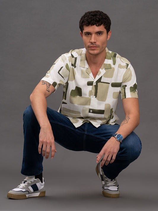 Men's Olive Slim Fit Printed Half Sleeve Casual Shirt