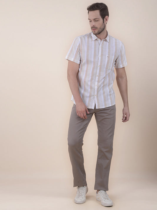 Men's Beige Slim Fit Striped Half Sleeve Casual Shirt