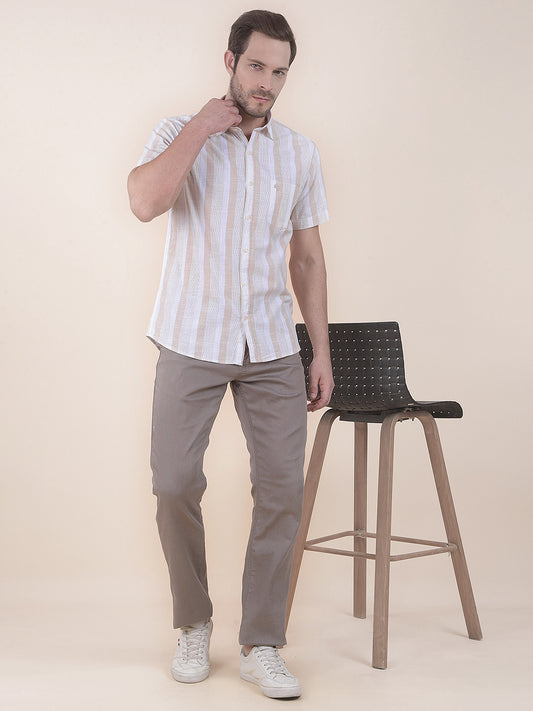  Beige Slim Fit Striped Half Sleeve Casual Shirt