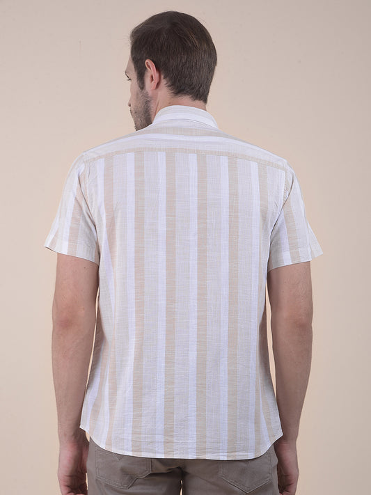 Men's Beige Slim Fit Striped Half Sleeve Casual Shirt
