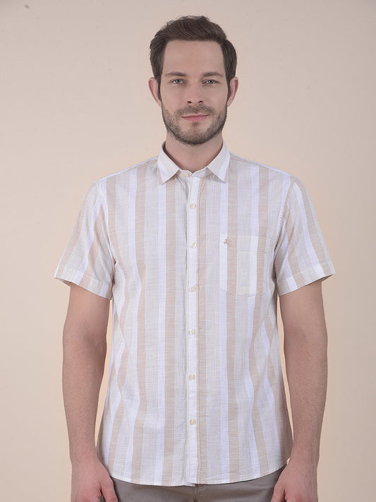 Men's Beige Slim Fit Striped Half Sleeve Casual Shirt