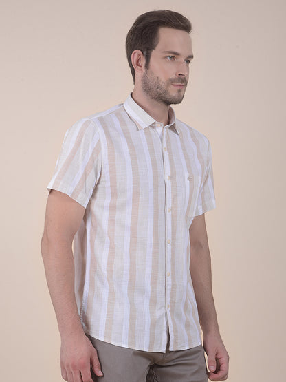 Men's Beige Slim Fit Striped Half Sleeve Casual Shirt