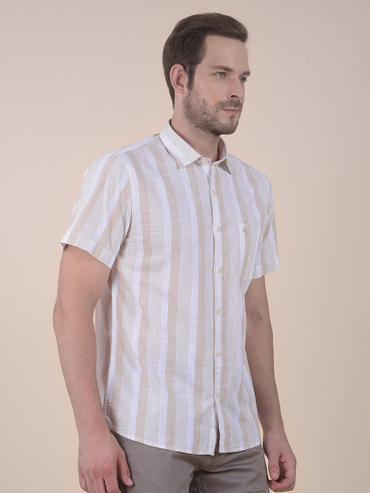 Men's Beige Slim Fit Striped Half Sleeve Casual Shirt