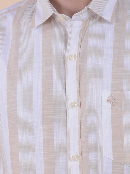 Men's Beige Slim Fit Striped Half Sleeve Casual Shirt