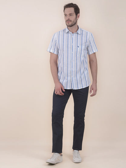 Men's White Slim Fit Striped Half Sleeve Casual Shirt