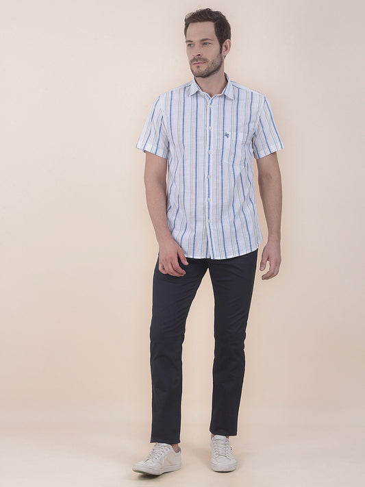Men's White Slim Fit Striped Half Sleeve Casual Shirt