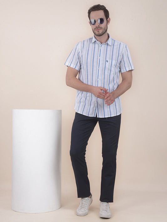  White Slim Fit Striped Half Sleeve Casual Shirt