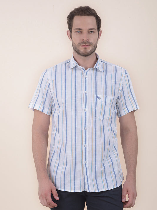 Men's White Slim Fit Striped Half Sleeve Casual Shirt