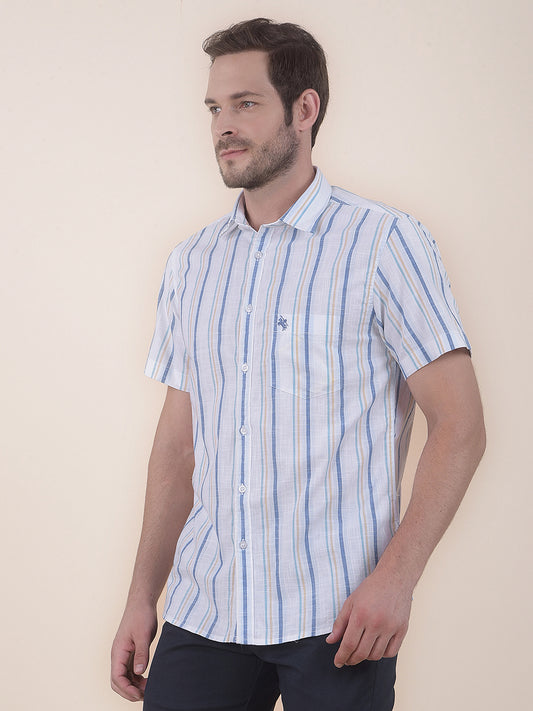 Men's White Slim Fit Striped Half Sleeve Casual Shirt