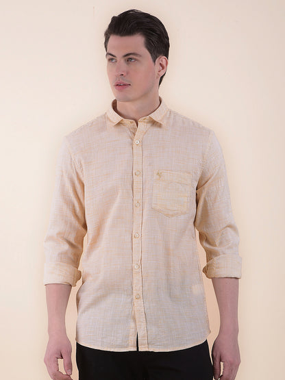Men's Yellow Slim Fit Self Design Full Sleeve Casual Shirt