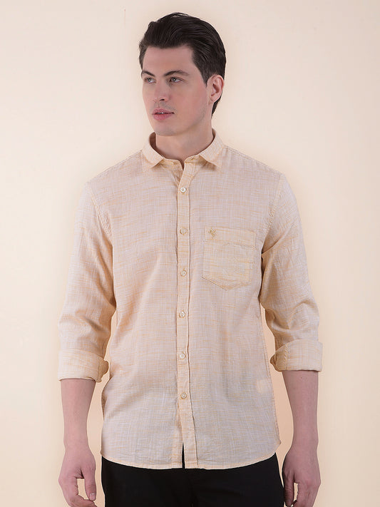 Men's Yellow Slim Fit Self Design Full Sleeve Casual Shirt