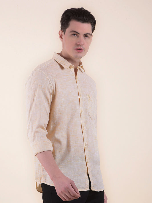 Men's Yellow Slim Fit Self Design Full Sleeve Casual Shirt