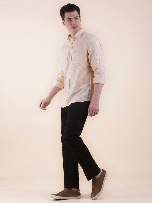 Men's Yellow Slim Fit Self Design Full Sleeve Casual Shirt