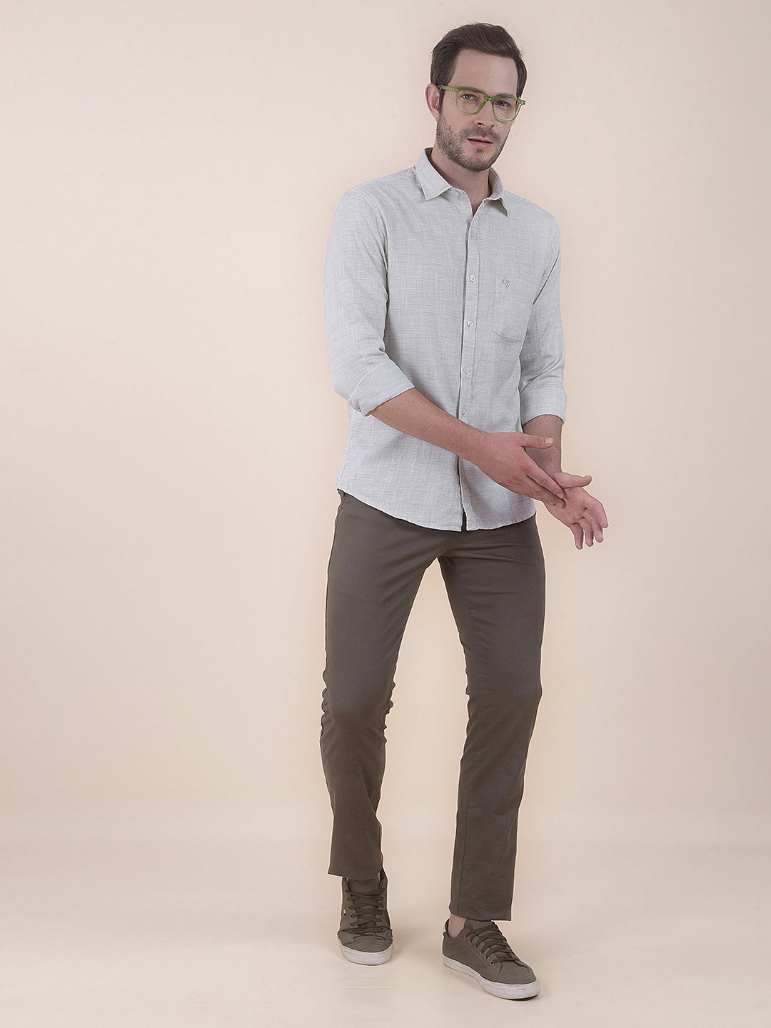  Olive Slim Fit Self Design Full Sleeve Casual Shirt