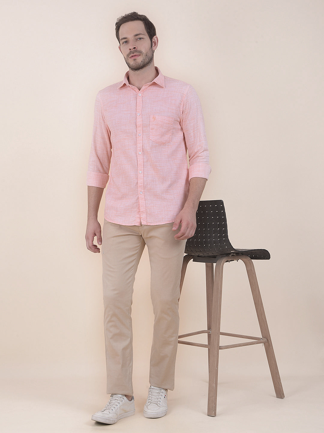 Orange Slim Fit Self Design Full Sleeve Casual Shirt