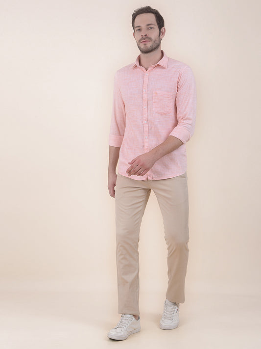 Men's Orange Slim Fit Self Design Full Sleeve Casual Shirt
