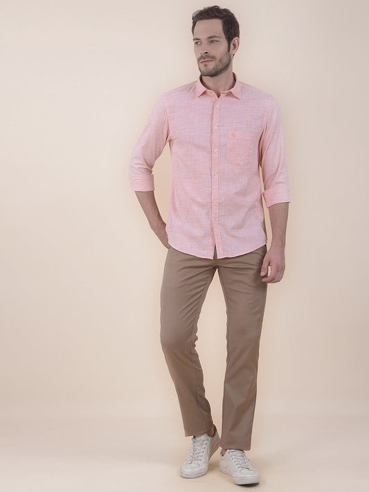 Men's Orange Slim Fit Self Design Full Sleeve Casual Shirt